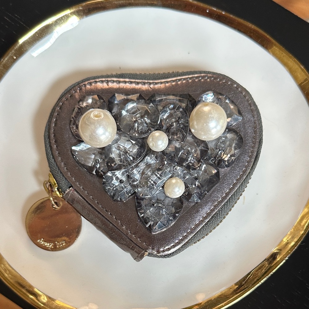 Deux Lux Metallic Heart Coin Purse with Pearls